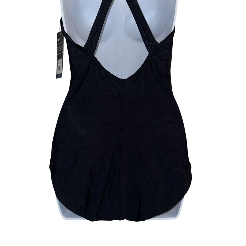 NWT Speedo PowerFlex Ultraback One Piece Swimsuit Womens 12 Black White Solid - Picture 6 of 7